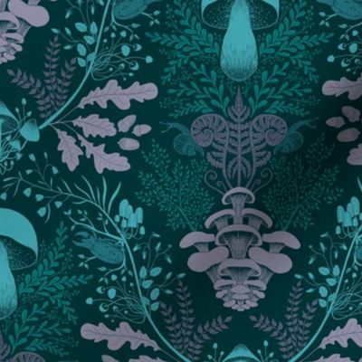 Mushroom forest damask wallpaper turquoise and purple
