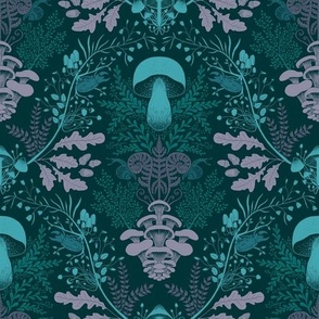 Mushroom forest damask wallpaper turquoise and purple