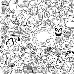 Color your way // fat quarter scale 21''x18'' // white background color palette centred with black and white objects, fruits, veggies animals and vehicles all around 