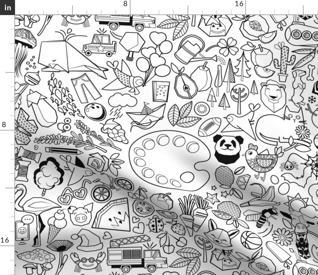 Color your way // fat quarter scale 21''x18'' // white background color palette centred with black and white objects, fruits, veggies animals and vehicles all around 