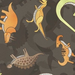 Ditsy Dinos Large Brown- Happy Dinosaurs Coordinate- Adventure- Orange- Green- Yellow- Brown- Home Decor- Wallpaper