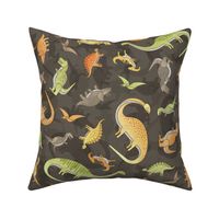 Ditsy Dinos Medium Brown- Happy Dinosaurs Coordinate- Adventure- Orange- Green- Yellow- Brown- Home Decor- Wallpaper