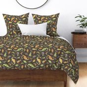 Ditsy Dinos Medium Brown- Happy Dinosaurs Coordinate- Adventure- Orange- Green- Yellow- Brown- Home Decor- Wallpaper