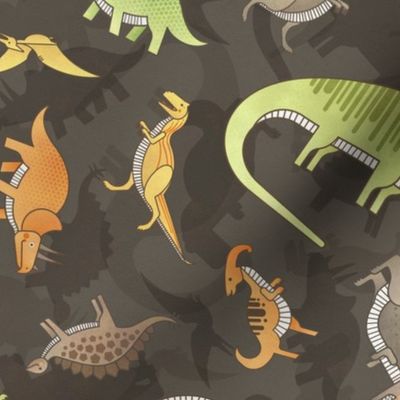 Ditsy Dinos Medium Brown- Happy Dinosaurs Coordinate- Adventure- Orange- Green- Yellow- Brown- Home Decor- Wallpaper