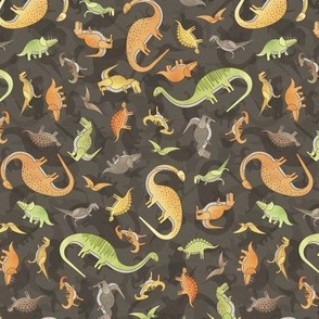 Ditsy Dinos Mini Brown- Happy Dinosaurs Coordinate- Adventure- Orange- Green- Yellow- Brown- Home Decor- Dino Nursery Wallpaper- Dinosaur Wallpaper- Paleontology