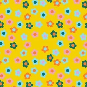 Groovy 60s and 70s Ditsy Retro Flowers on Mustard Yellow