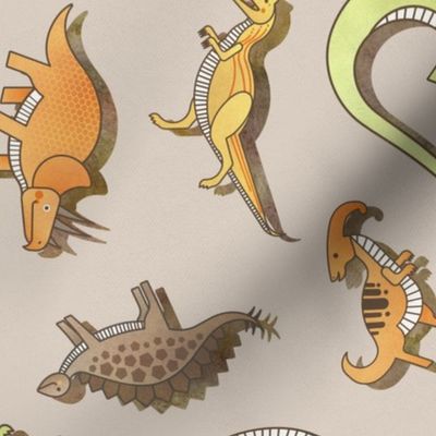 Ditsy Dinos Large Beige- Taupe- Happy Dinosaurs Coordinate- Adventure- Orange- Green- Yellow- Brown- Home Decor- Wallpaper