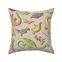 Ditsy Dinos Large Beige- Taupe- Happy Dinosaurs Coordinate- Adventure- Orange- Green- Yellow- Brown- Home Decor- Wallpaper