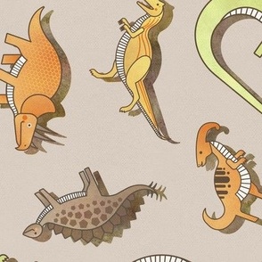 Ditsy Dinos Large Beige- Taupe- Happy Dinosaurs Coordinate- Adventure- Orange- Green- Yellow- Brown- Home Decor- Wallpaper