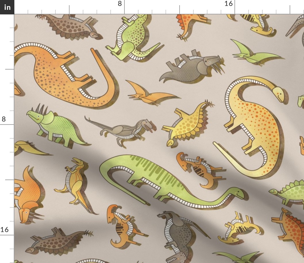 Ditsy Dinos Large Beige- Taupe- Happy Dinosaurs Coordinate- Adventure- Orange- Green- Yellow- Brown- Home Decor- Wallpaper