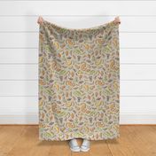 Ditsy Dinos Medium Beige- Taupe- Happy Dinosaurs Coordinate- Adventure- Orange- Green- Yellow- Brown- Home Decor- Wallpaper