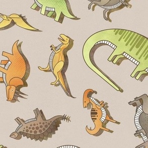 Ditsy Dinos Medium Beige- Taupe- Happy Dinosaurs Coordinate- Adventure- Orange- Green- Yellow- Brown- Home Decor- Wallpaper