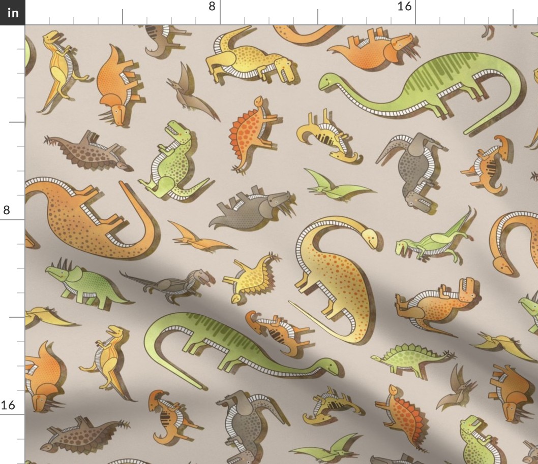 Ditsy Dinos Medium Beige- Taupe- Happy Dinosaurs Coordinate- Adventure- Orange- Green- Yellow- Brown- Home Decor- Wallpaper