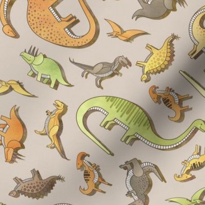 Ditsy Dinos Small Beige- Taupe- Happy Dinosaurs Coordinate- Adventure- Orange- Green- Yellow- Brown- Earth Tones Wallpaper- Dino Nursery Wallpaper- Dinosaur Wallpaper- Paleontology