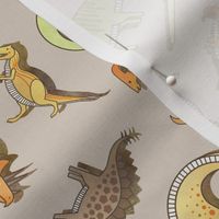 Ditsy Dinos Small Beige- Taupe- Happy Dinosaurs Coordinate- Adventure- Orange- Green- Yellow- Brown- Earth Tones Wallpaper- Dino Nursery Wallpaper- Dinosaur Wallpaper- Paleontology
