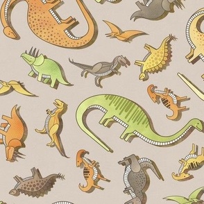 Ditsy Dinos Small Beige- Taupe- Happy Dinosaurs Coordinate- Adventure- Orange- Green- Yellow- Brown- Earth Tones Wallpaper- Dino Nursery Wallpaper- Dinosaur Wallpaper- Paleontology