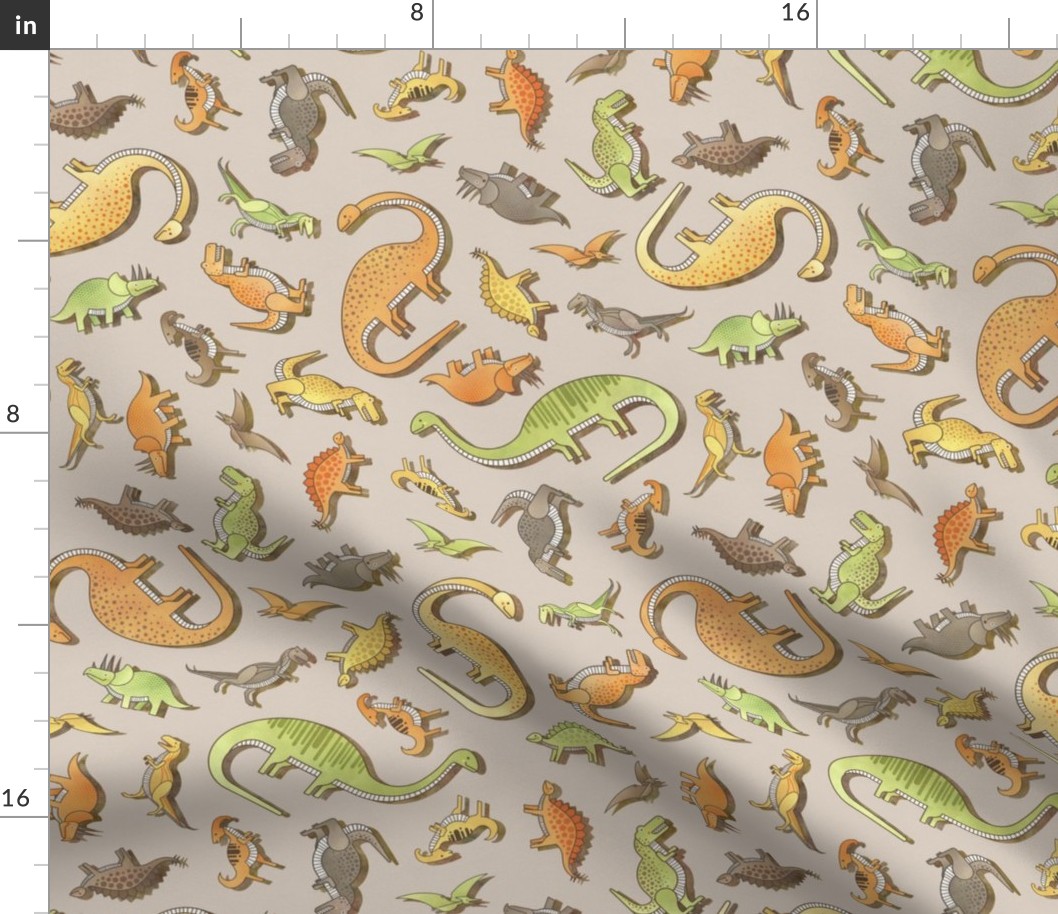 Ditsy Dinos Small Beige- Taupe- Happy Dinosaurs Coordinate- Adventure- Orange- Green- Yellow- Brown- Earth Tones Wallpaper- Dino Nursery Wallpaper- Dinosaur Wallpaper- Paleontology