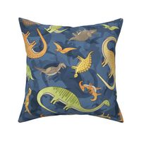 Ditsy Dinos Large Indigo- Happy Dinosaurs Coordinate- Adventure- Orange- Green- Yellow- Brown- Home Decor- Wallpaper