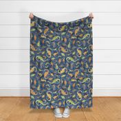 Ditsy Dinos Large Indigo- Happy Dinosaurs Coordinate- Adventure- Orange- Green- Yellow- Brown- Home Decor- Wallpaper