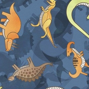 Ditsy Dinos Large Indigo- Happy Dinosaurs Coordinate- Adventure- Orange- Green- Yellow- Brown- Home Decor- Wallpaper