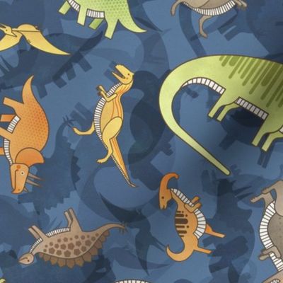 Ditsy Dinos Medium Indigo- Happy Dinosaurs Coordinate- Adventure- Orange- Green- Yellow- Brown- Home Decor- Wallpaper