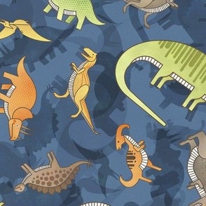 Ditsy Dinos Medium Indigo- Happy Dinosaurs Coordinate- Adventure- Orange- Green- Yellow- Brown- Home Decor- Wallpaper