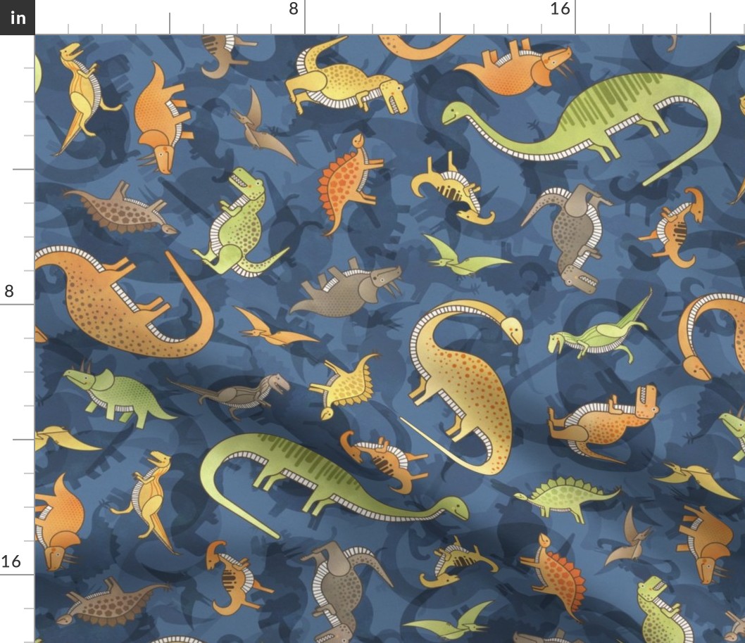 Ditsy Dinos Medium Indigo- Happy Dinosaurs Coordinate- Adventure- Orange- Green- Yellow- Brown- Home Decor- Wallpaper