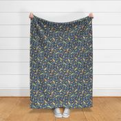 Ditsy Dinos Small Indigo- Happy Dinosaurs Coordinate- Adventure- Orange- Green- Yellow- Brown- Home Decor- Dino Nursery Wallpaper- Dinosaur Wallpaper- Paleontology