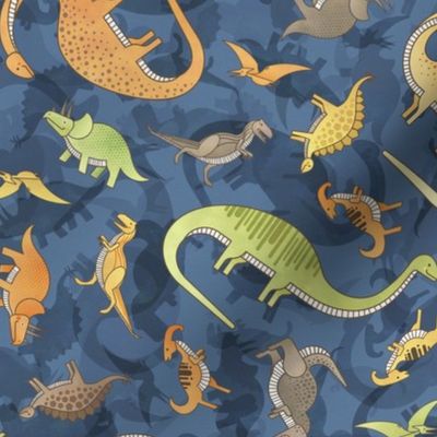 Ditsy Dinos Small Indigo- Happy Dinosaurs Coordinate- Adventure- Orange- Green- Yellow- Brown- Home Decor- Dino Nursery Wallpaper- Dinosaur Wallpaper- Paleontology