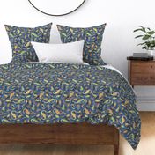 Ditsy Dinos Small Indigo- Happy Dinosaurs Coordinate- Adventure- Orange- Green- Yellow- Brown- Home Decor- Dino Nursery Wallpaper- Dinosaur Wallpaper- Paleontology