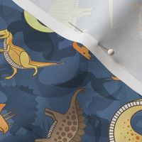 Ditsy Dinos Small Indigo- Happy Dinosaurs Coordinate- Adventure- Orange- Green- Yellow- Brown- Home Decor- Dino Nursery Wallpaper- Dinosaur Wallpaper- Paleontology