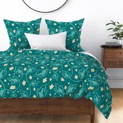 Climbing Vines - medium scale - teal and light cream - leaves, botanical, nature, fall