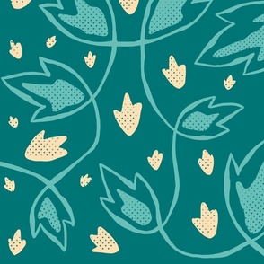 Climbing Vines - medium scale - teal and light cream - leaves, botanical, nature, fall