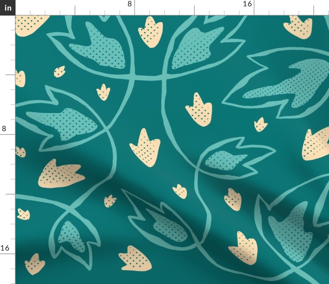 Climbing Vines - medium scale - teal and light cream - leaves, botanical, nature, fall