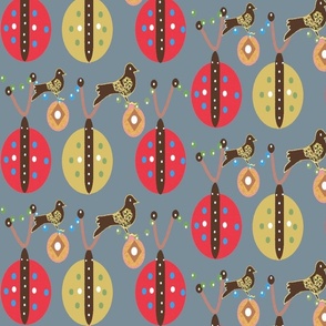 1940's Retro Ladybugs, Bird And Garden - Stone Denim Blue