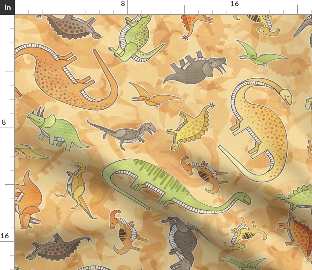 Ditsy Dinos Large Orange- Happy Dinosaurs Coordinate- Adventure- Orange- Green- Yellow- Brown- Home Decor- Wallpaper