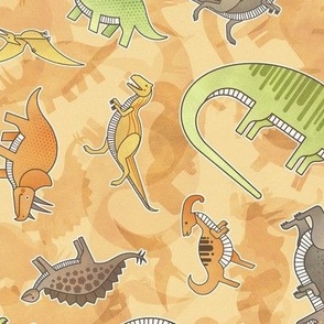 Ditsy Dinos Medium Orange- Happy Dinosaurs Coordinate- Adventure- Orange- Green- Yellow- Brown- Home Decor- Wallpaper