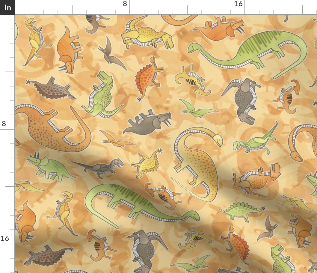 Ditsy Dinos Medium Orange- Happy Dinosaurs Coordinate- Adventure- Orange- Green- Yellow- Brown- Home Decor- Wallpaper