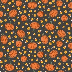 Pumpkins, Candy Corn, & Flowers: Orange on Black (Small Scale)