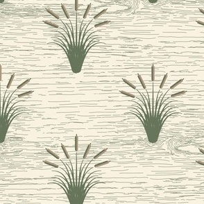 Cattails & Jumping Fish: Sage Green & Chestnut Brown 1940s Lake Print, Retro Rustic Lodge, Cabin