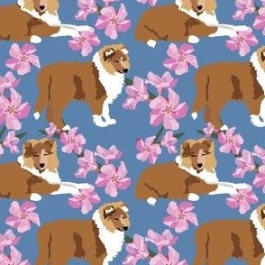 Collie Dogs with pink flowers on blue small print - dog fabric