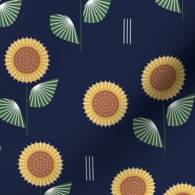 The Modern Sunflower garden botanical fall design with flowers and leaves green navy blue LARGE