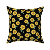 Sunflowers petals and leaves little romantic fall blossom with speckles green on black 