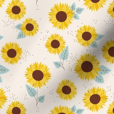Sunflowers petals and leaves little romantic fall blossom with speckles misty blue on cream 