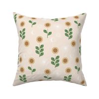 Mid-century style sunflower garden and moon phase design green on cream 