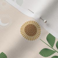 Mid-century style sunflower garden and moon phase design green on cream 