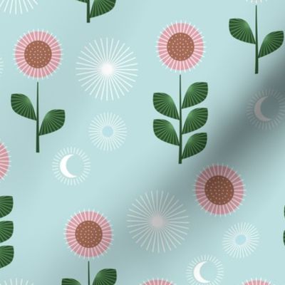 Mid-century style sunflower garden and moon phase design pink on soft blue 