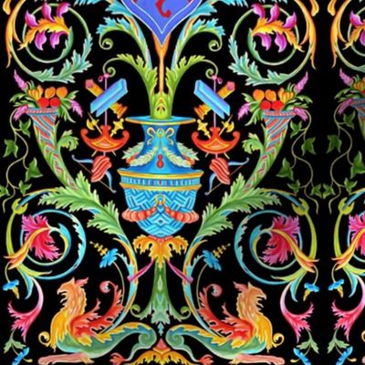 birds eagles shield herald coat of arms lions  flowers floral filigree leaves leaf horn of plenty baroque Victorian vases  bows arrows axes griffon gryphon ornate swirls blue green red magenta fuchsia violet purple black orange yellow rococo flourish acan