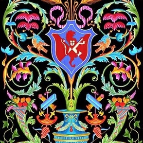 birds eagles shield herald coat of arms lions  flowers floral filigree leaves leaf horn of plenty baroque Victorian vases  bows arrows axes griffon gryphon ornate swirls blue green red magenta fuchsia violet purple black orange yellow rococo flourish acan