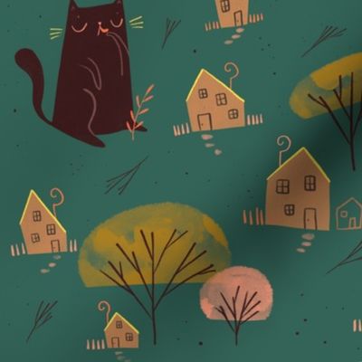 Little houses and Giant cats green